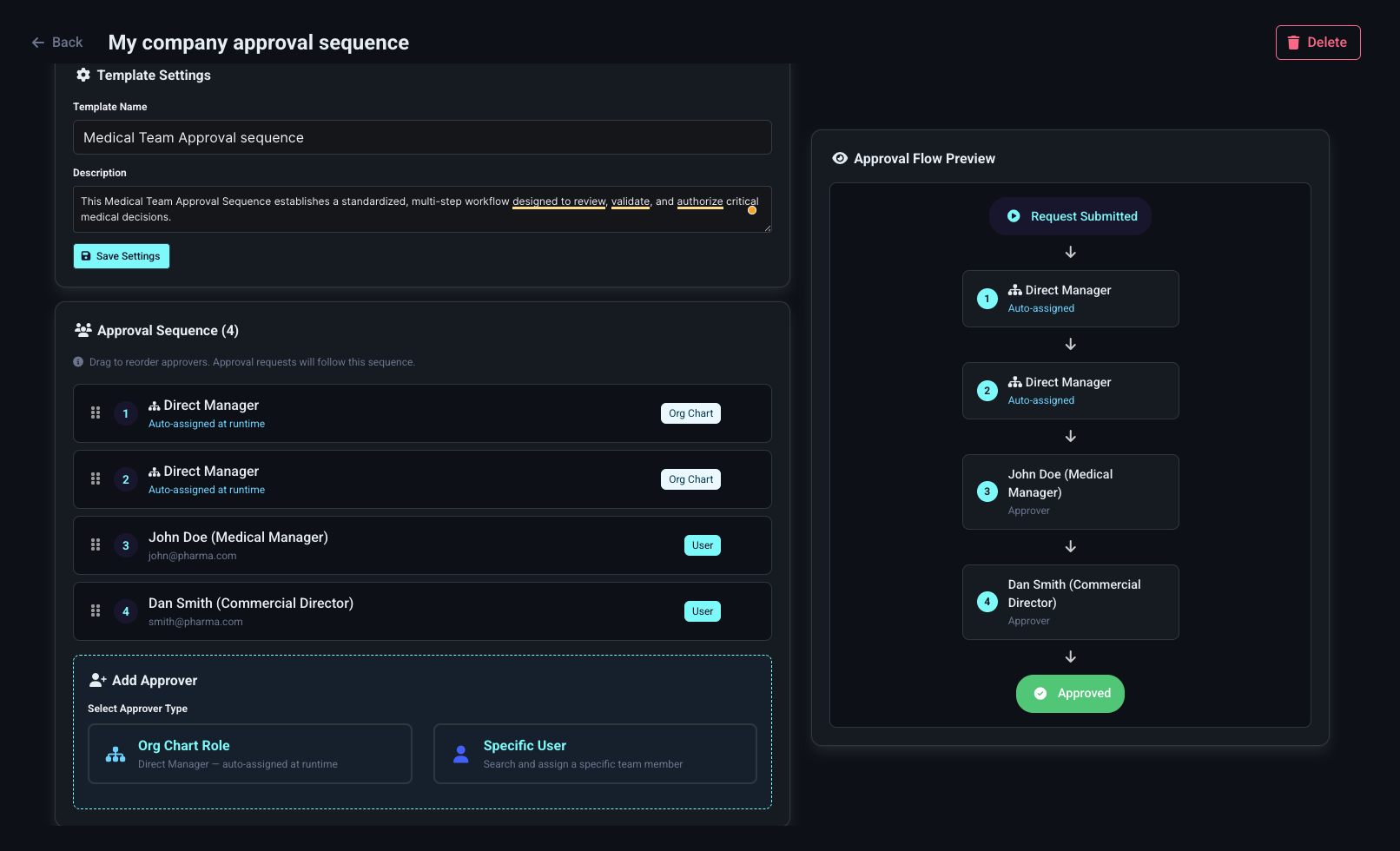 Capture d'écran de configuration de séquence d'approbation dans REVO Approval Workflows