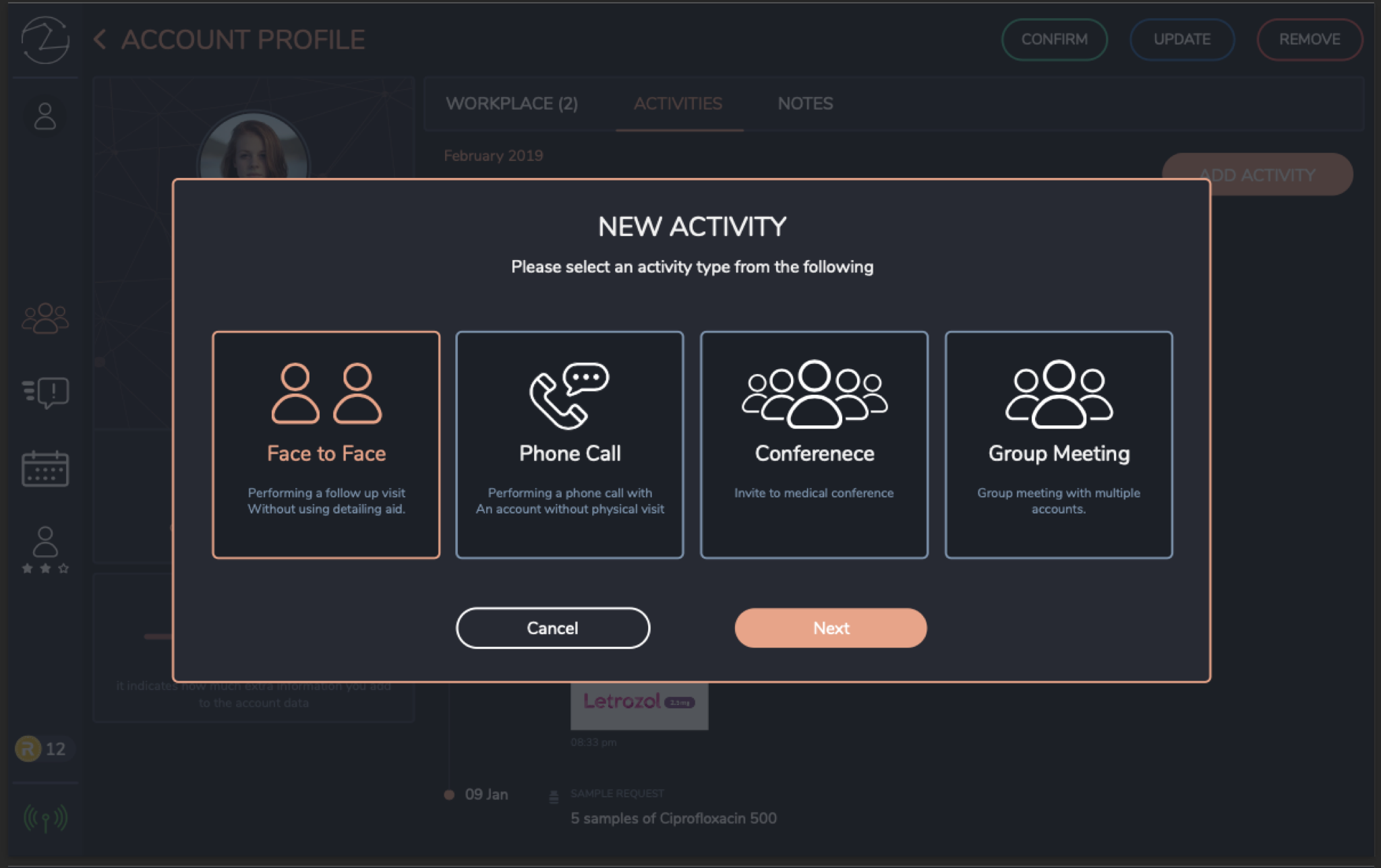 Workflow d'ajout d'activité liée à un HCP