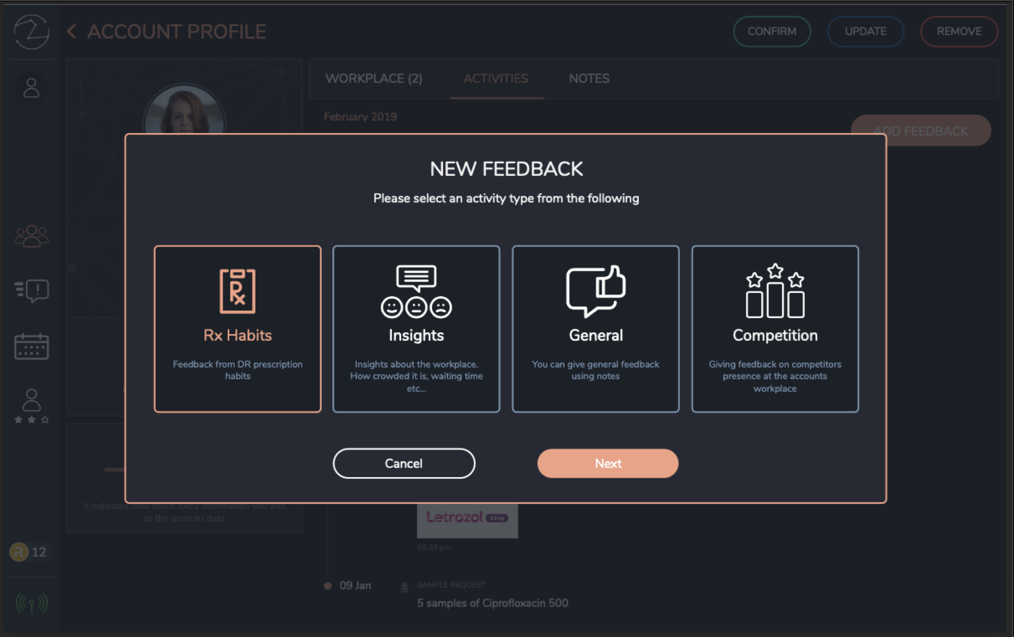 Workflow d'ajout des habitudes Rx, insights HCP et feedback concurrence