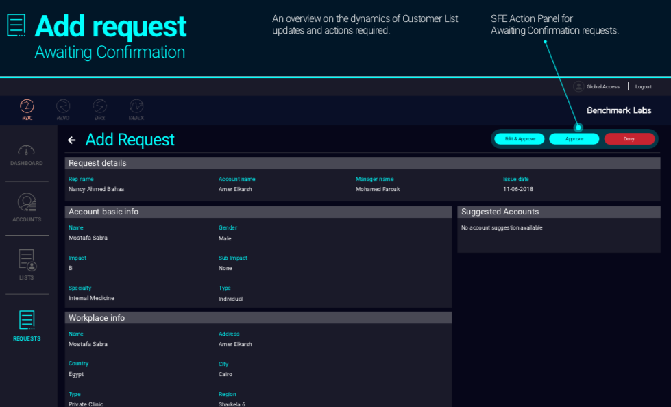 REVO CRM Booster governance screen for reviewing and controlling account requests.