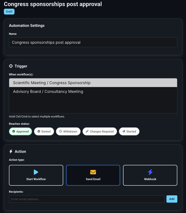 Capture d'écran de configuration d'automatisation post-décision dans REVO Approval Workflows