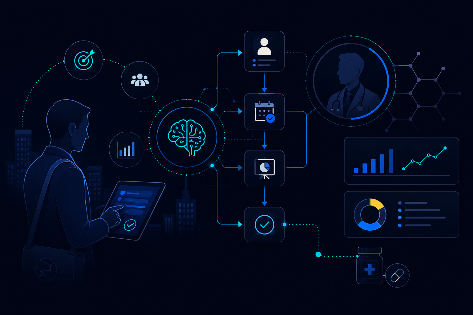 Article cover about AI workflows in pharma detailing for medical representatives