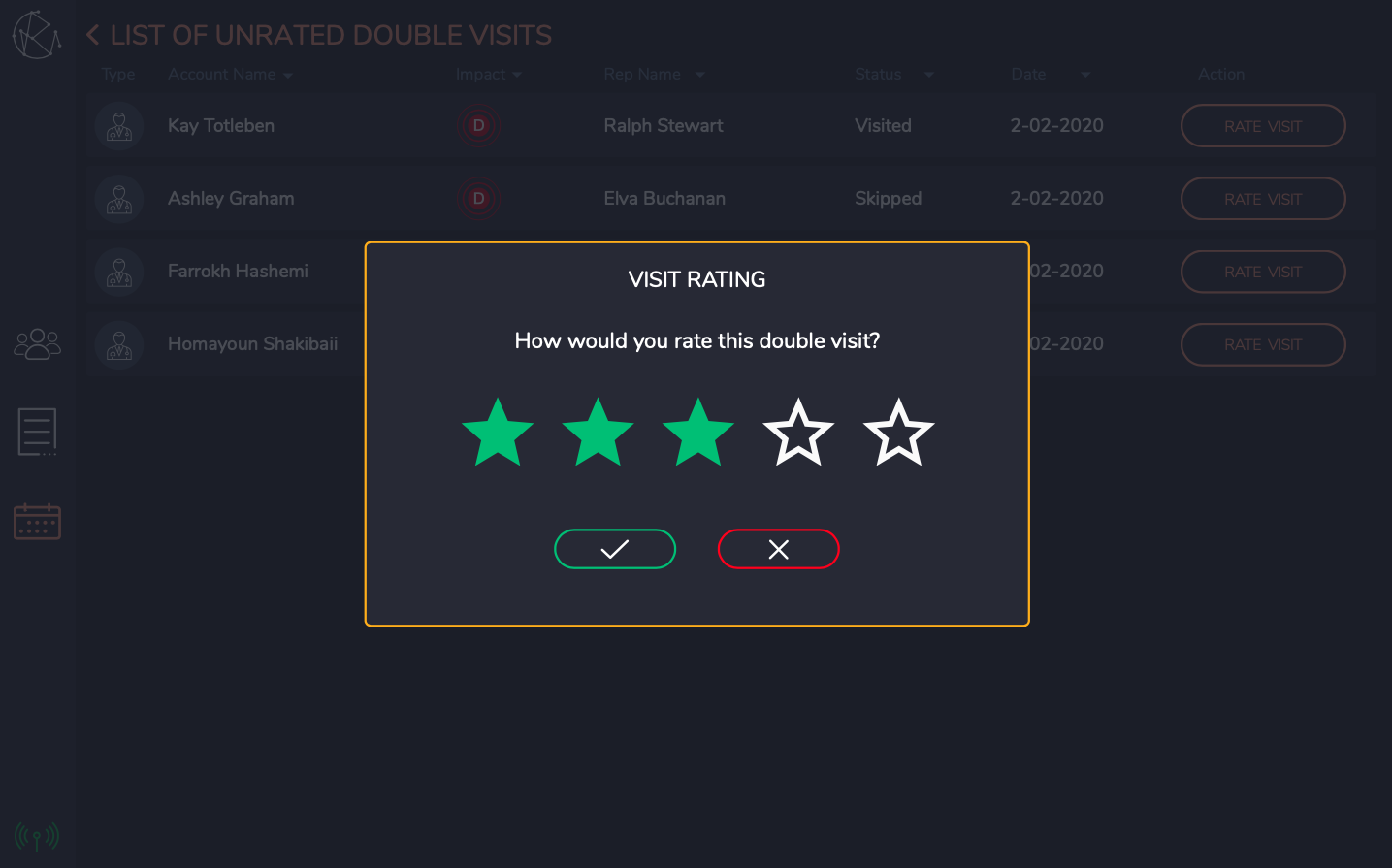 REVO CRM Booster double visit rating screen for manager coaching feedback.
