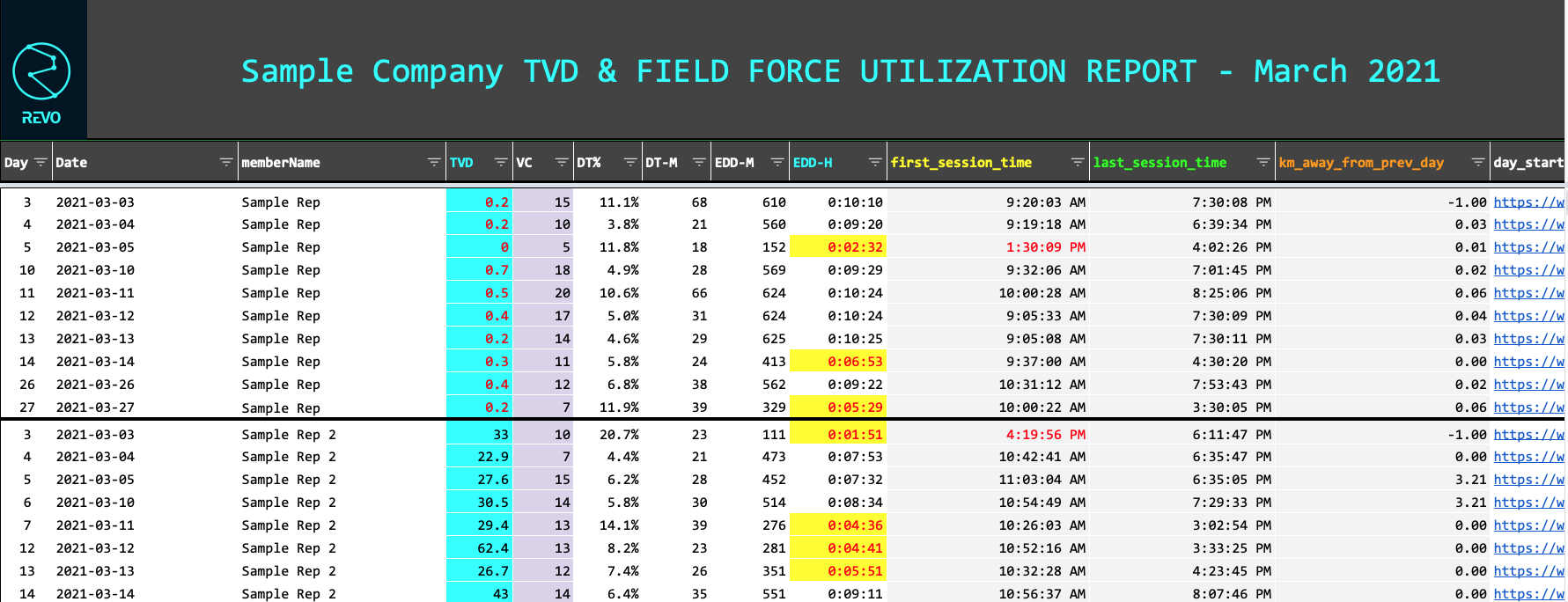 REVO CRM Booster dashboard showing first-line manager team performance and visit discipline.