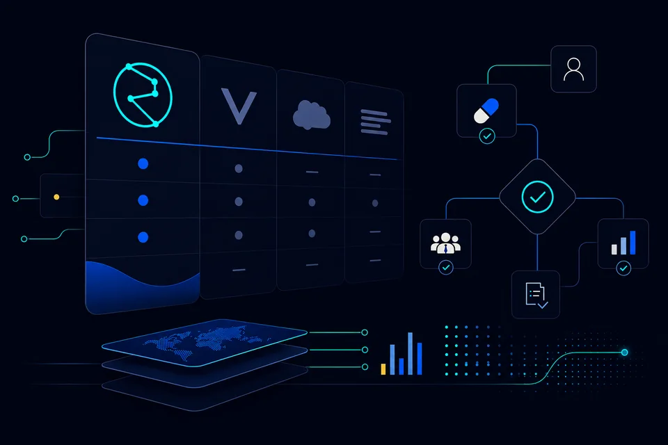 Couverture du guide comparant REVO, Veeva Vault, Salesforce Life Sciences Cloud et IQVIA OCE