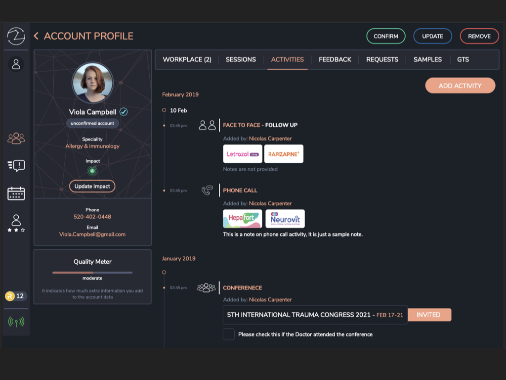Workflow REVO d'engagement des professionnels de santé montrant l'activité HCP.